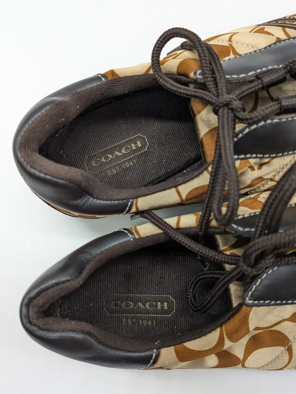 Coach Kirby Y2K Brown Tan Sateen Logo Print Lace Up Shoe 8.5